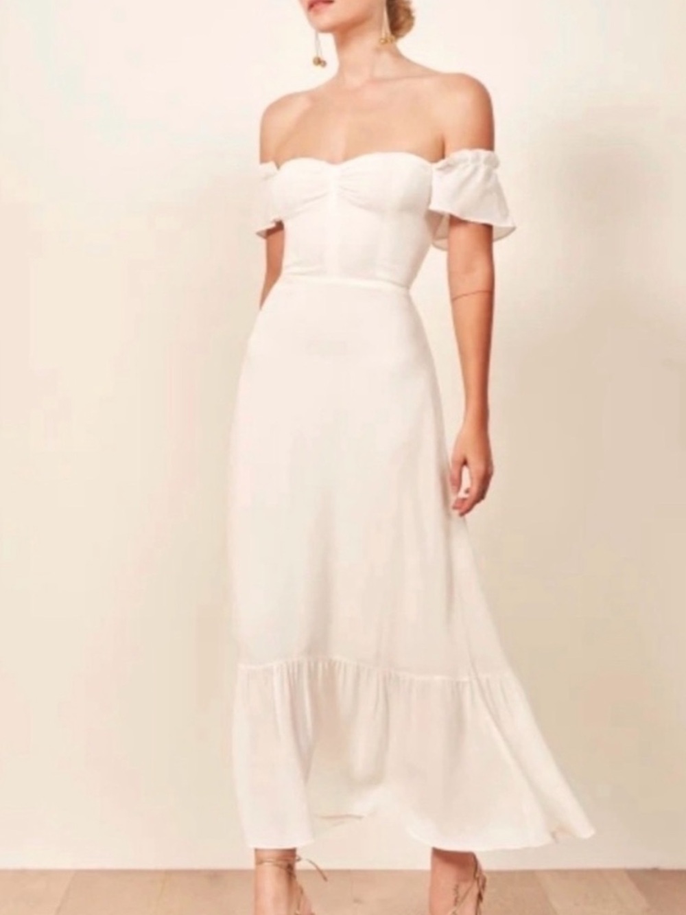 Reformation White Butterfly Dress Wedding Bride Maxi Off Shoulder Flutter 0 XS